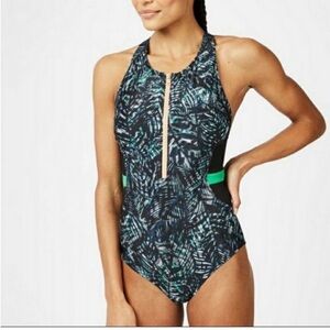 Sweaty Betty Wave Zip Thru Swimsuit in Beetle Blue Hot to Croc Print